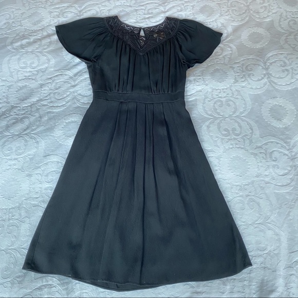 Black Rebecca Taylor Crepe Lace Pleated Dress